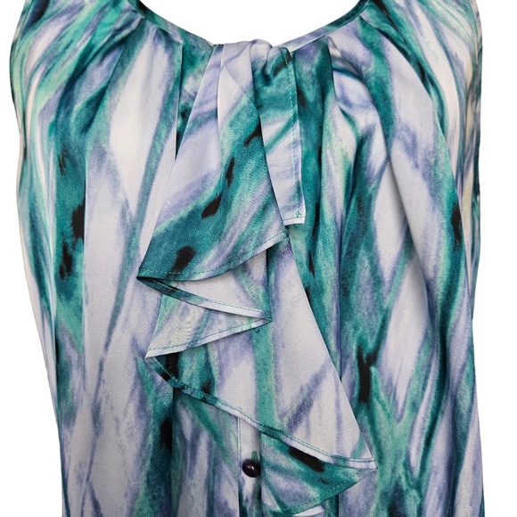 Anne Klein green-blue purple sleeveless blouse top abstract pattern ruffled neck - Picture 8 of 12